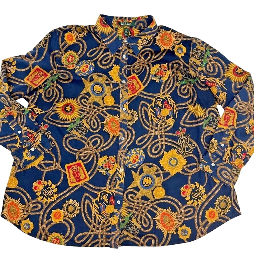 Lauren Ralph Lauren Navy Blue Equestrian Scarf Print Button Down Shirt 3X